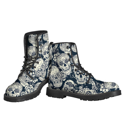 White Floral Sugar Skull Leather Boots for Groovy Hippies - 3