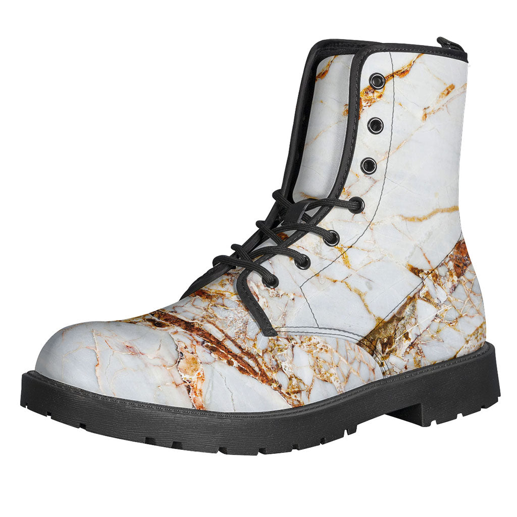 White Gold Grunge Marble Print Leather Hippie Boots - 1