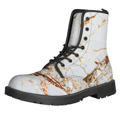 White Gold Grunge Marble Print Leather Hippie Boots - 1