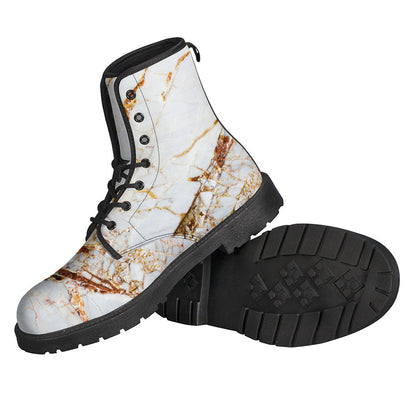 White Gold Grunge Marble Print Leather Hippie Boots - 2