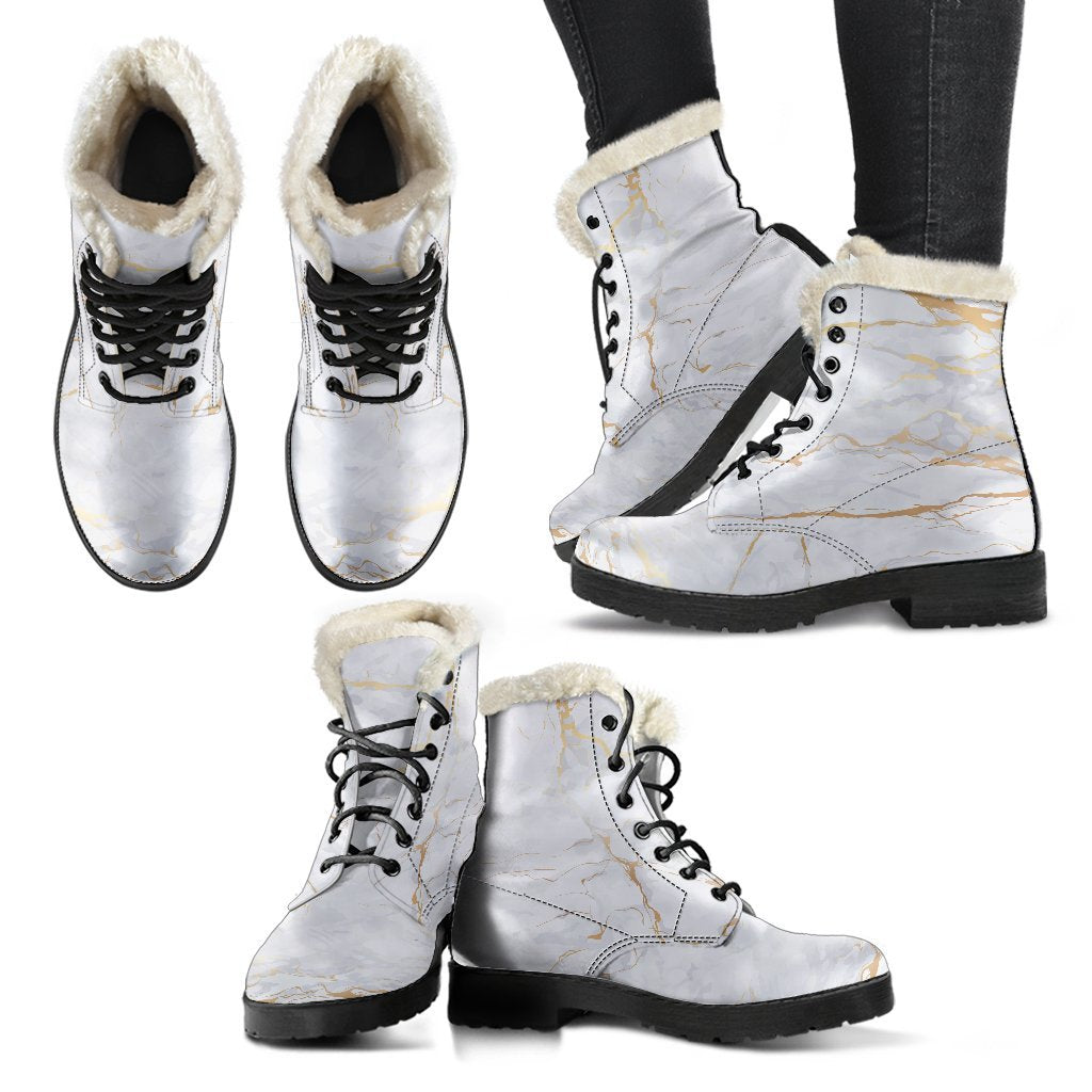 White Gold Scratch Marble Print Faux Fur Leather Boots for the Free-Spirited Hippie - 2