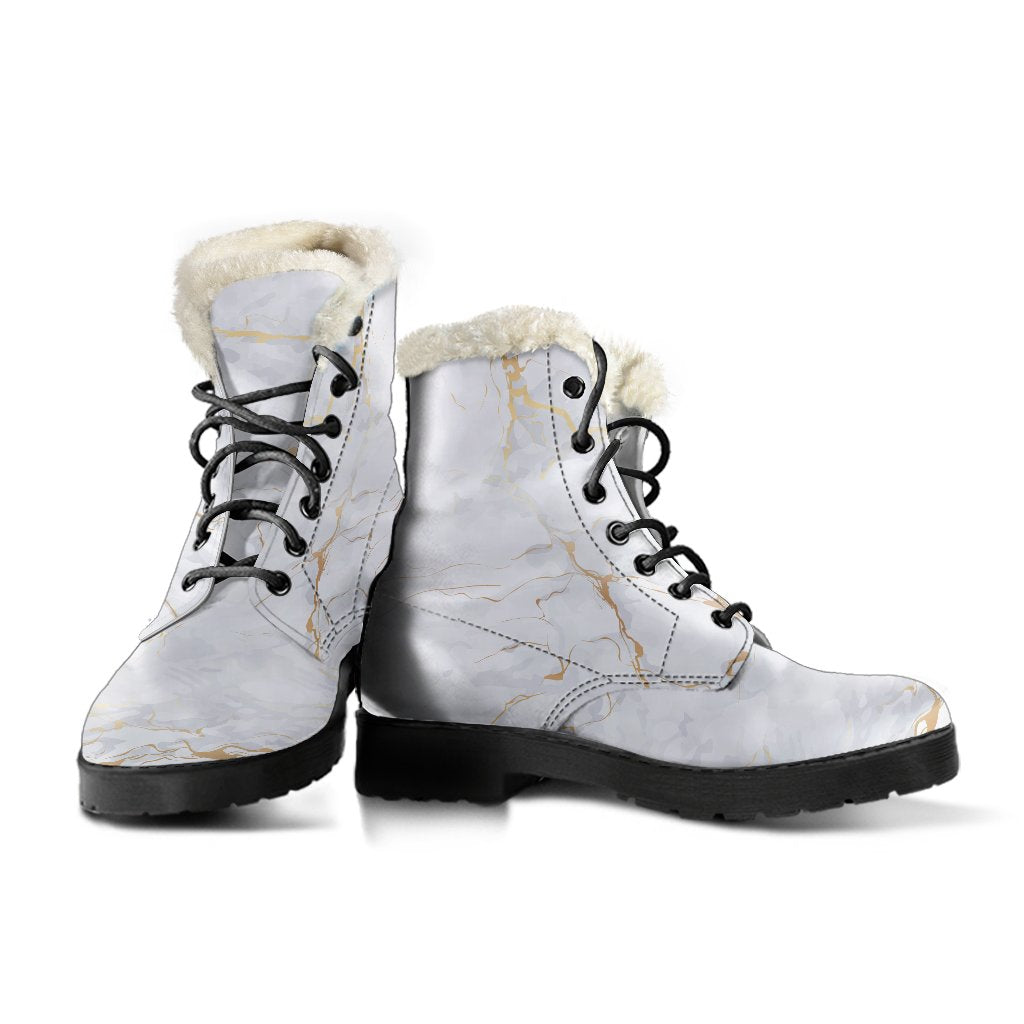 White Gold Scratch Marble Print Faux Fur Leather Boots for the Free-Spirited Hippie - 3