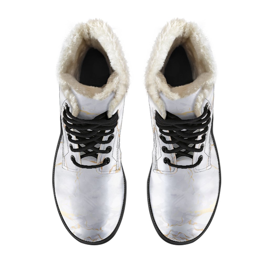 White Gold Scratch Marble Print Faux Fur Leather Boots for the Free-Spirited Hippie - 4