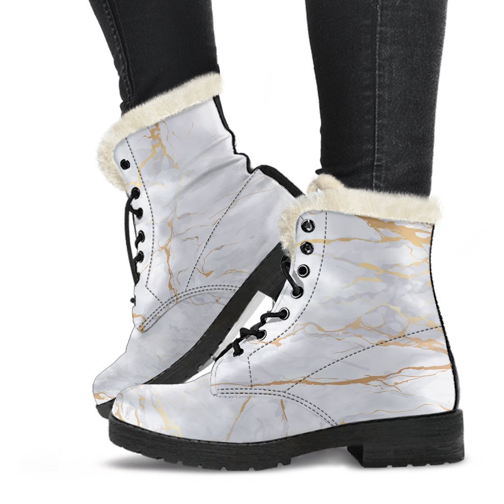 White Gold Scratch Marble Print Faux Fur Leather Boots for the Free-Spirited Hippie - 1