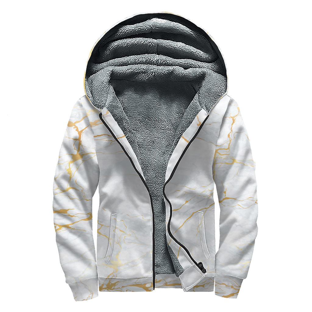 Groovy White & Gold Scratch Marble Print Sherpa Lined Zip Up Hoodie for Free-spirited Hippies - 1