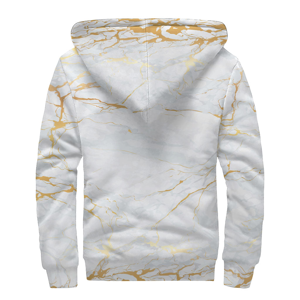 Groovy White & Gold Scratch Marble Print Sherpa Lined Zip Up Hoodie for Free-spirited Hippies - 2