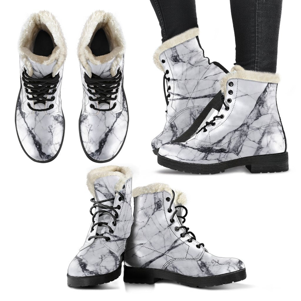 Groovy Vibes: White Gray Scratch Marble Print Faux Fur Leather Boots for the Hippest Hippies - 2