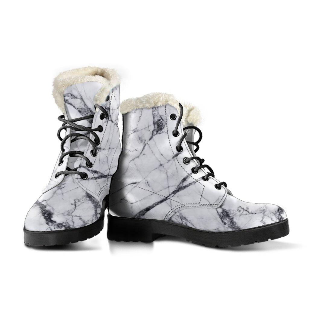 Groovy Vibes: White Gray Scratch Marble Print Faux Fur Leather Boots for the Hippest Hippies - 3