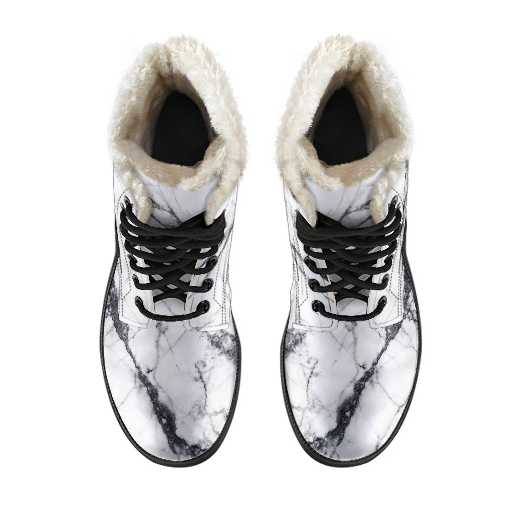 Groovy Vibes: White Gray Scratch Marble Print Faux Fur Leather Boots for the Hippest Hippies - 4