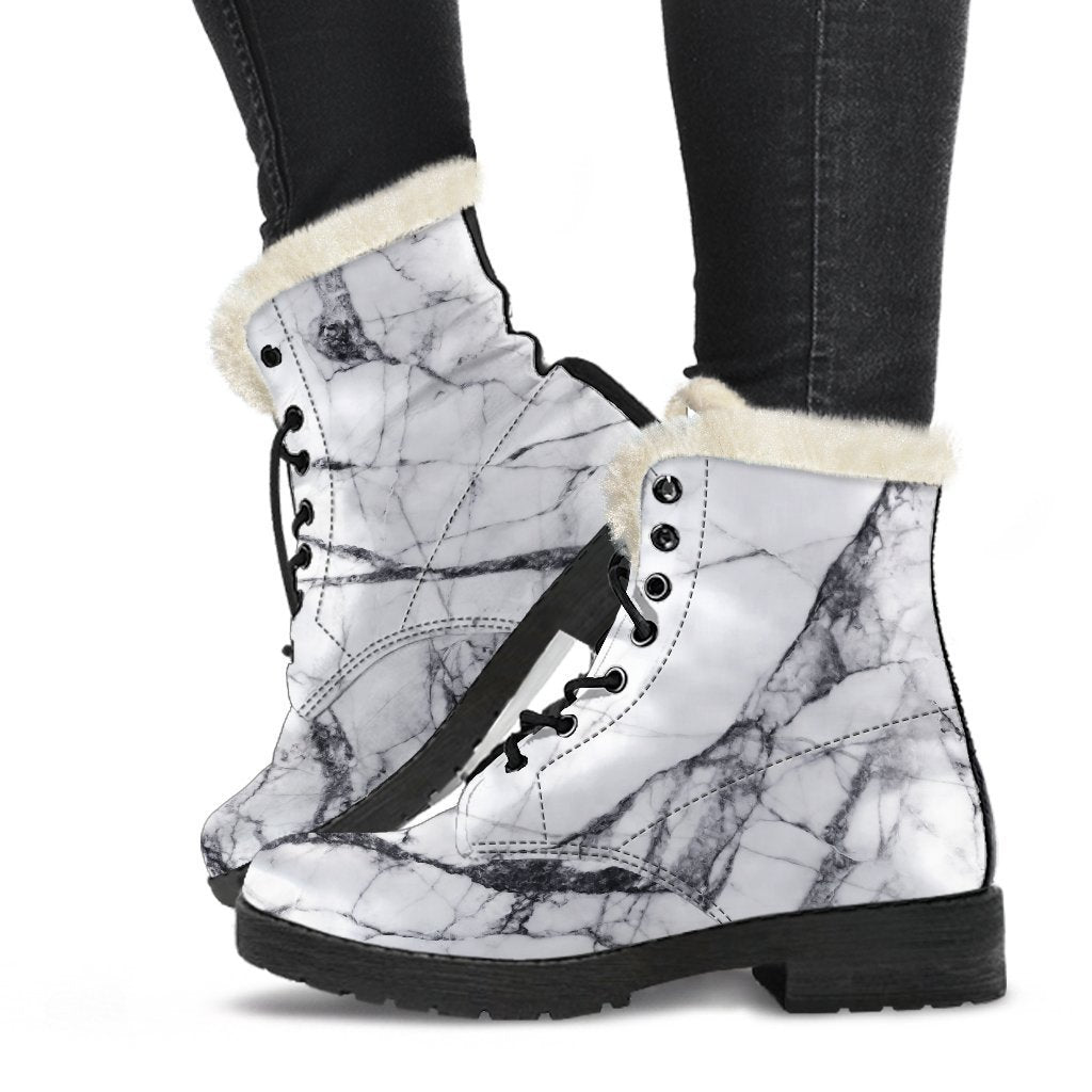 Groovy Vibes: White Gray Scratch Marble Print Faux Fur Leather Boots for the Hippest Hippies - 1