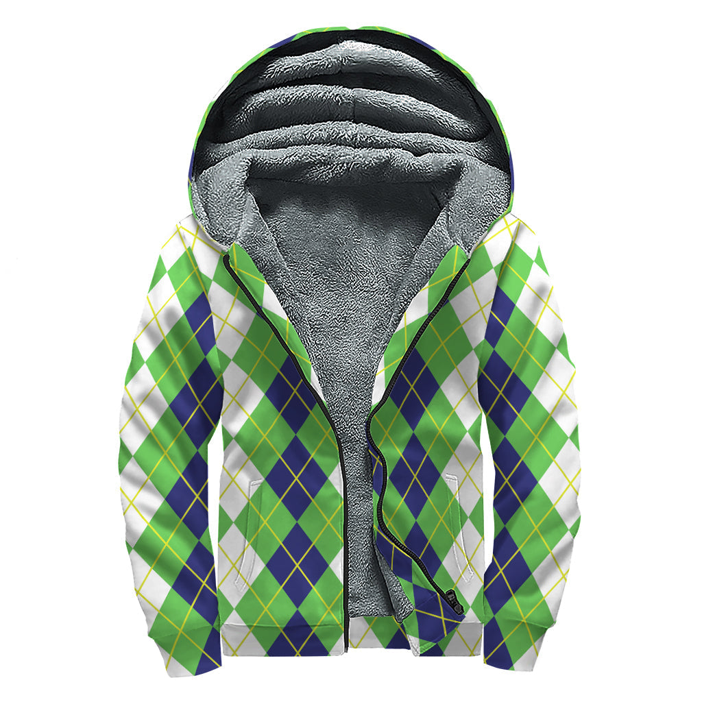 Groovy Vibes: Sherpa Lined Zip Up Hoodie in White, Green, and Navy Argyle Print - 1