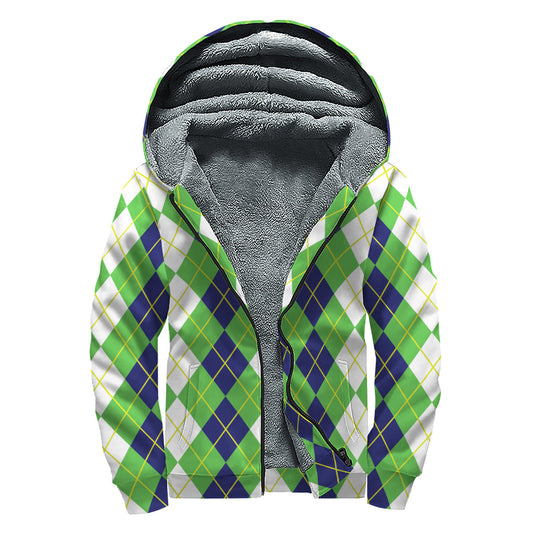 Groovy Vibes: Sherpa Lined Zip Up Hoodie in White, Green, and Navy Argyle Print - 1