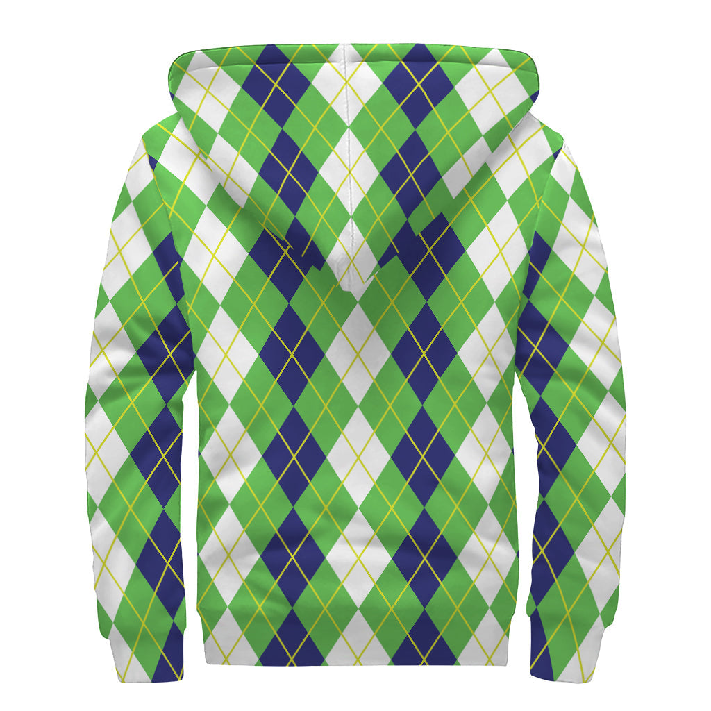 Groovy Vibes: Sherpa Lined Zip Up Hoodie in White, Green, and Navy Argyle Print - 2