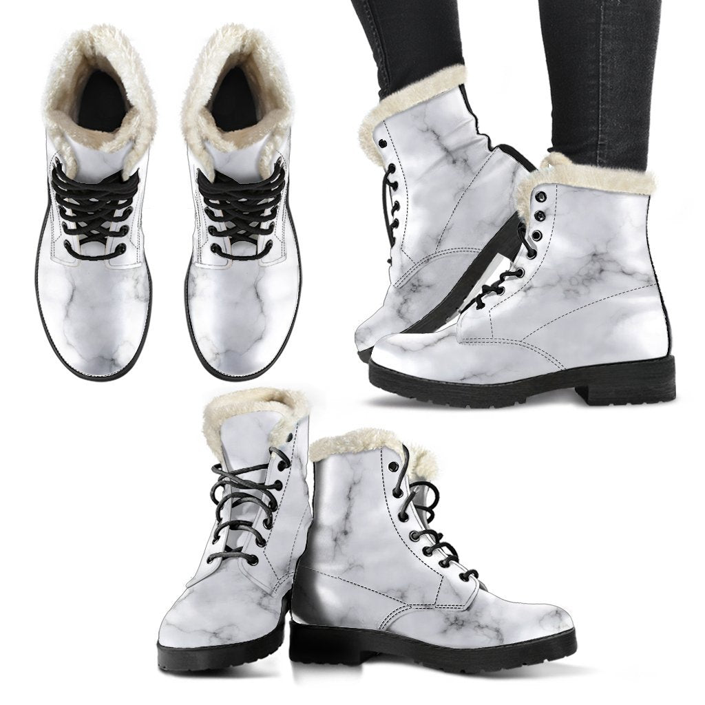 Groovy Faux Fur Leather Boots in White Grey Smoke Marble Print for Free-Spirited Hippies - 2