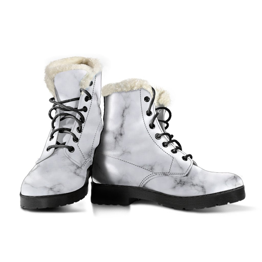 Groovy Faux Fur Leather Boots in White Grey Smoke Marble Print for Free-Spirited Hippies - 3