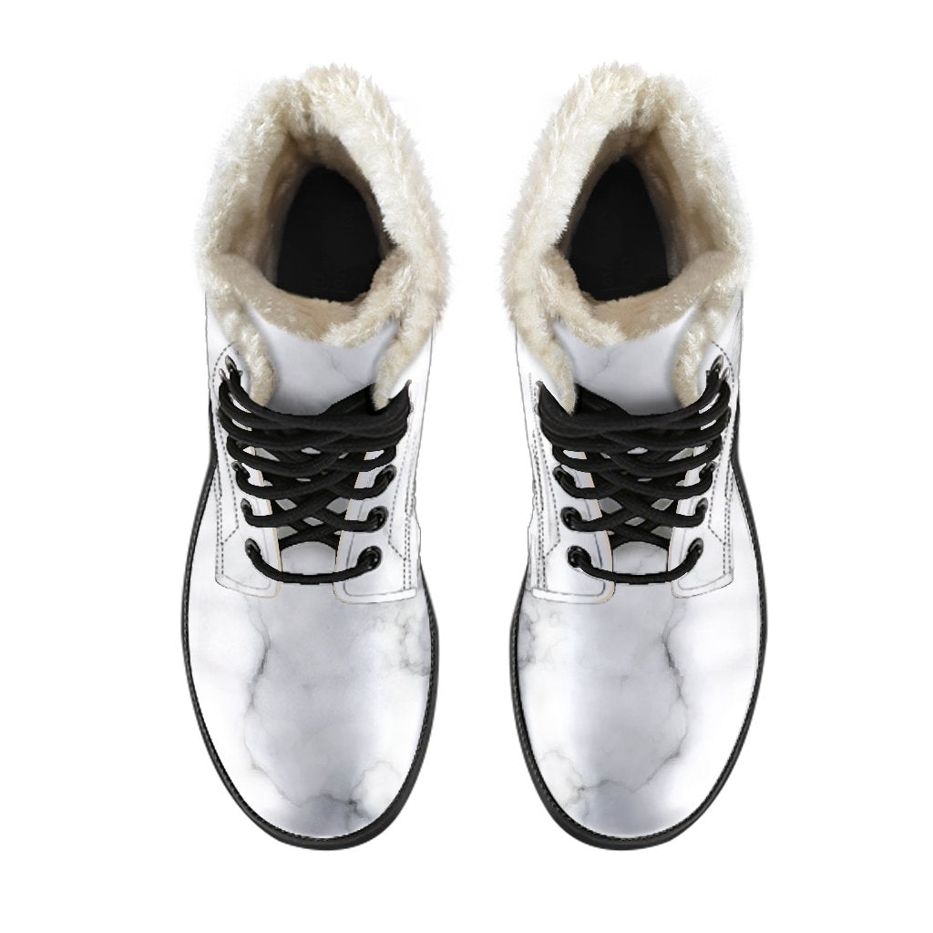 Groovy Faux Fur Leather Boots in White Grey Smoke Marble Print for Free-Spirited Hippies - 4