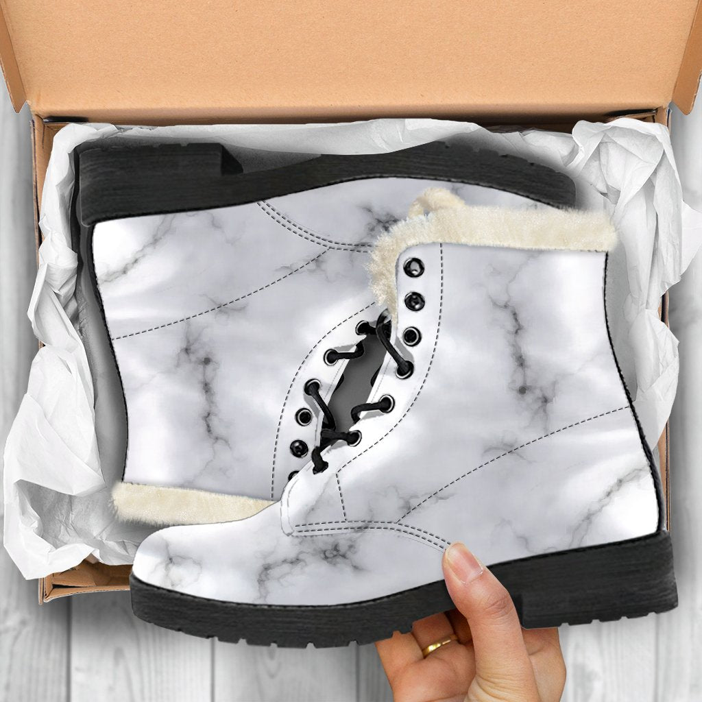 Groovy Faux Fur Leather Boots in White Grey Smoke Marble Print for Free-Spirited Hippies - 5