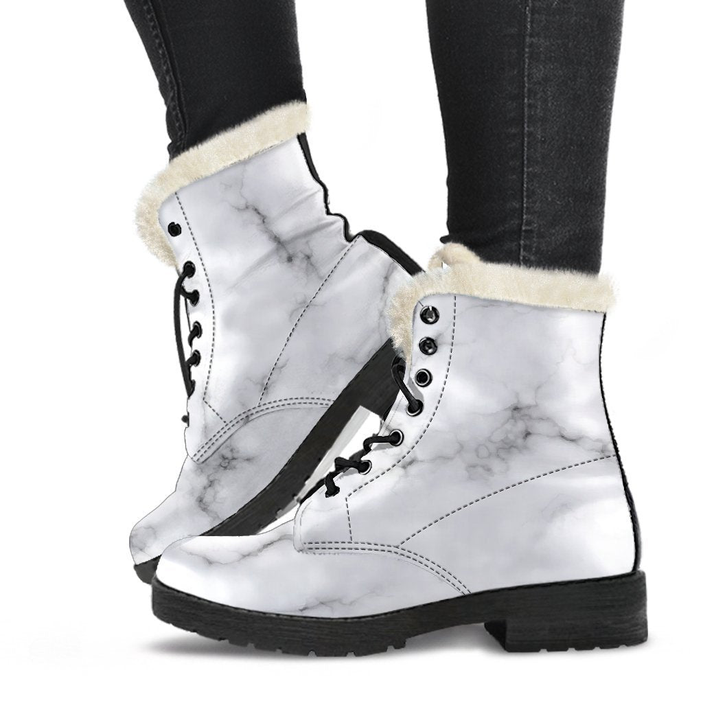 Groovy Faux Fur Leather Boots in White Grey Smoke Marble Print for Free-Spirited Hippies - 1