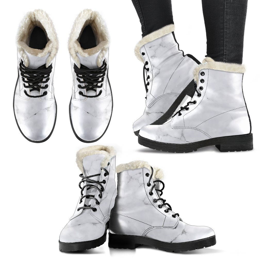 Groovy White Grunge Marble Faux Fur Leather Boots for Hippies - 2