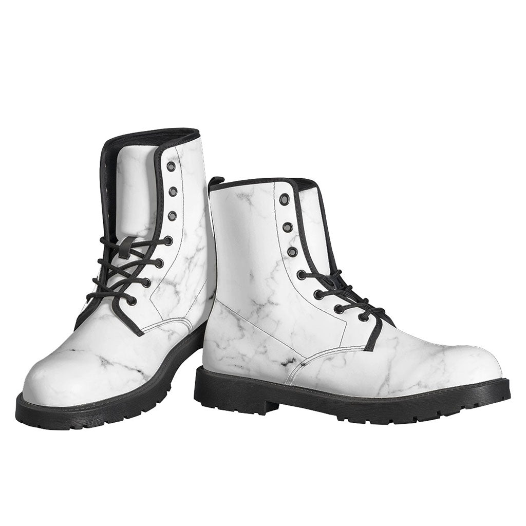 White Grunge Marble Print Leather Boots for Hippies with Style - 3