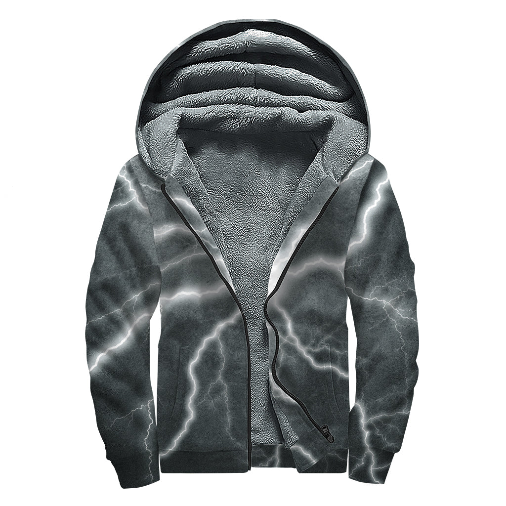 White Lightning Print Sherpa Lined Hippie Zip Up Hoodie - 1