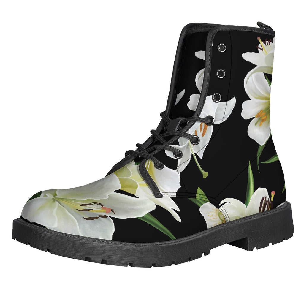 Step into the Bohemian Vibe with our White Lily Print Leather Boots for Hippies - 1