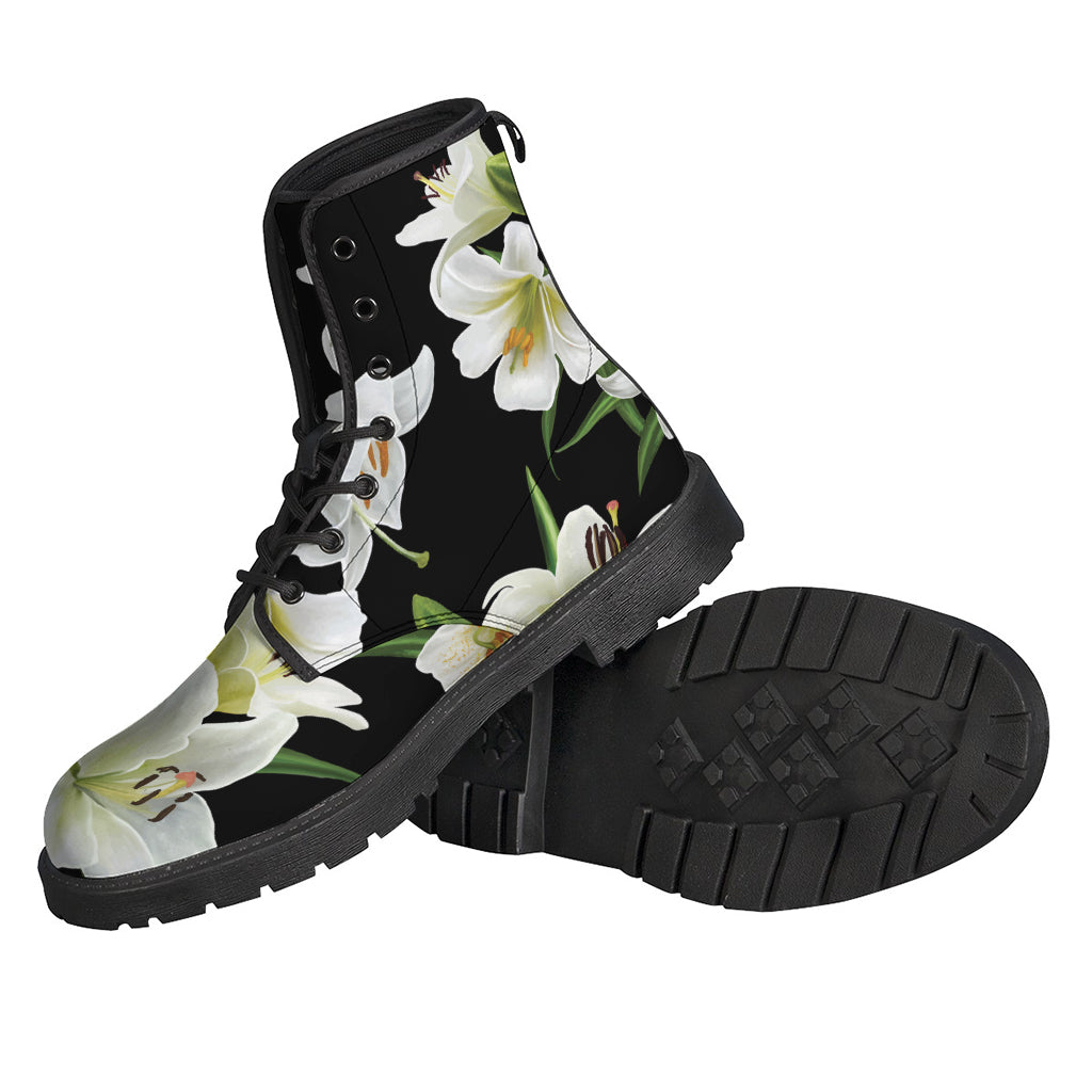 Step into the Bohemian Vibe with our White Lily Print Leather Boots for Hippies - 2