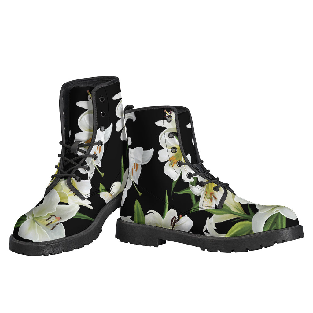 Step into the Bohemian Vibe with our White Lily Print Leather Boots for Hippies - 3