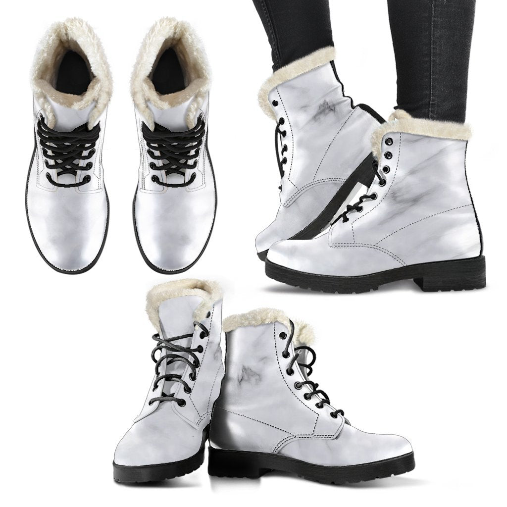 White Marble Print Faux Fur Leather Boots for Stylish Hippies - 2