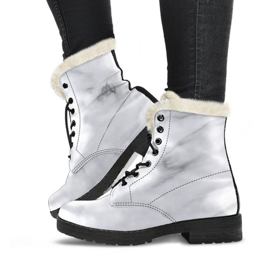 White Marble Print Faux Fur Leather Boots for Stylish Hippies - 1