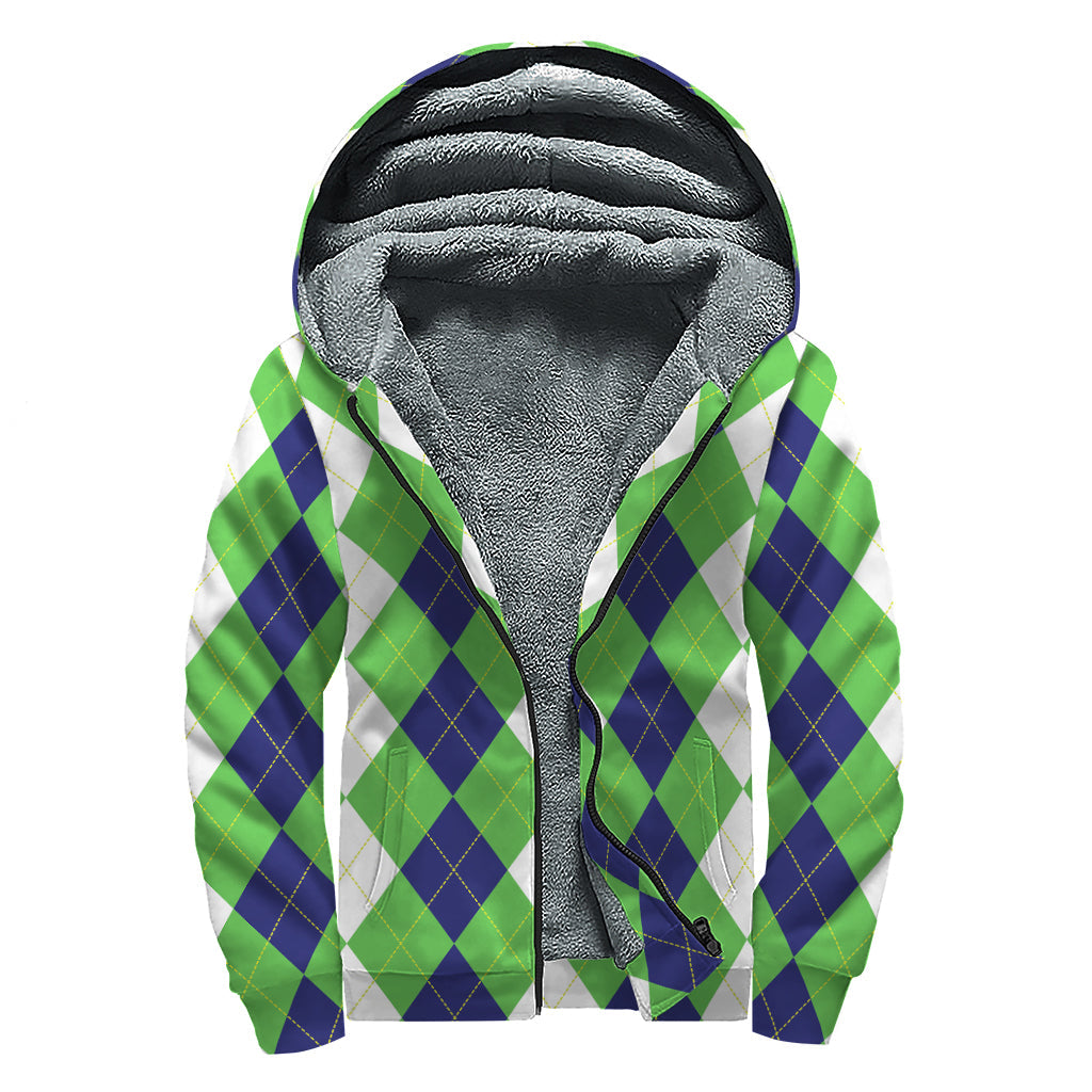 Groovy Threads: White, Navy, and Green Argyle Print Sherpa Lined Zip Up Hoodie - 1