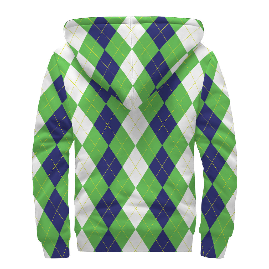 Groovy Threads: White, Navy, and Green Argyle Print Sherpa Lined Zip Up Hoodie - 2