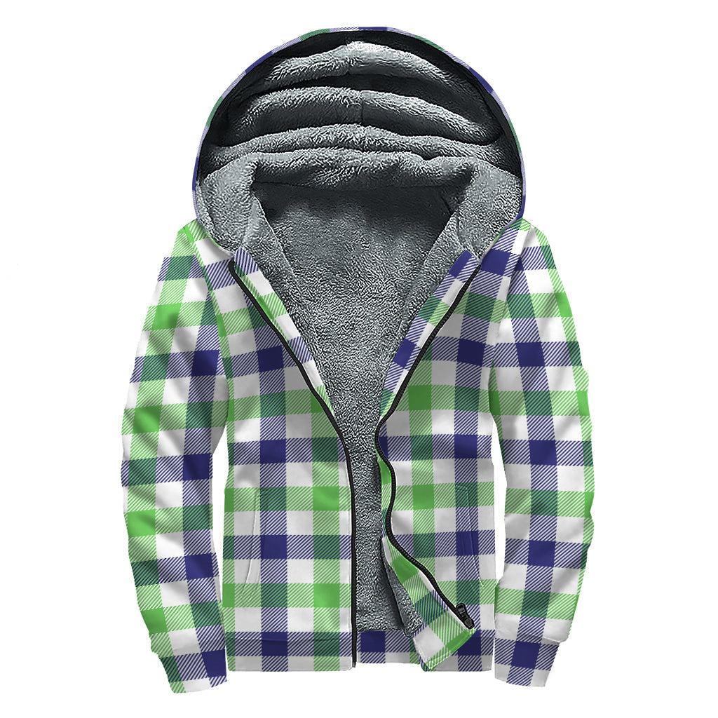 Groovy Vibes: White, Navy, and Green Plaid Sherpa Lined Zip Up Hoodie - 1