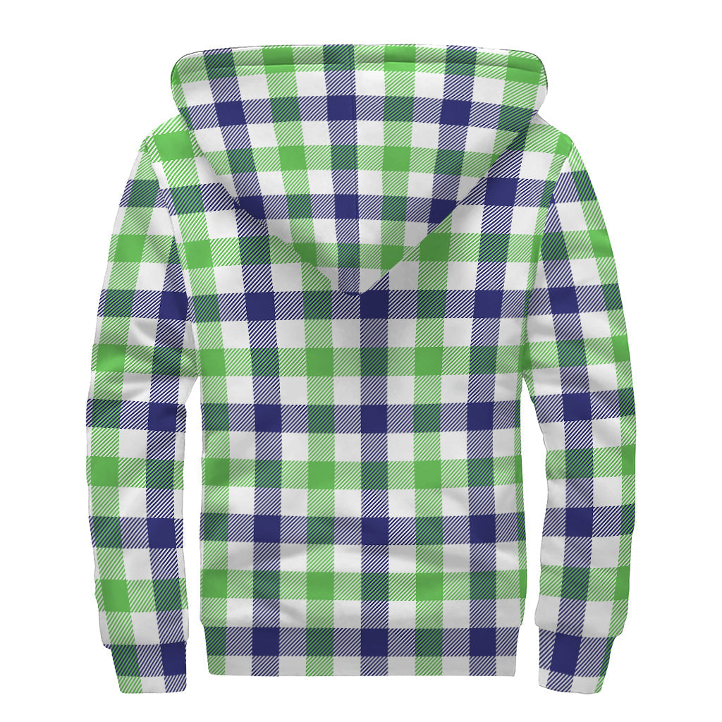 Groovy Vibes: White, Navy, and Green Plaid Sherpa Lined Zip Up Hoodie - 2