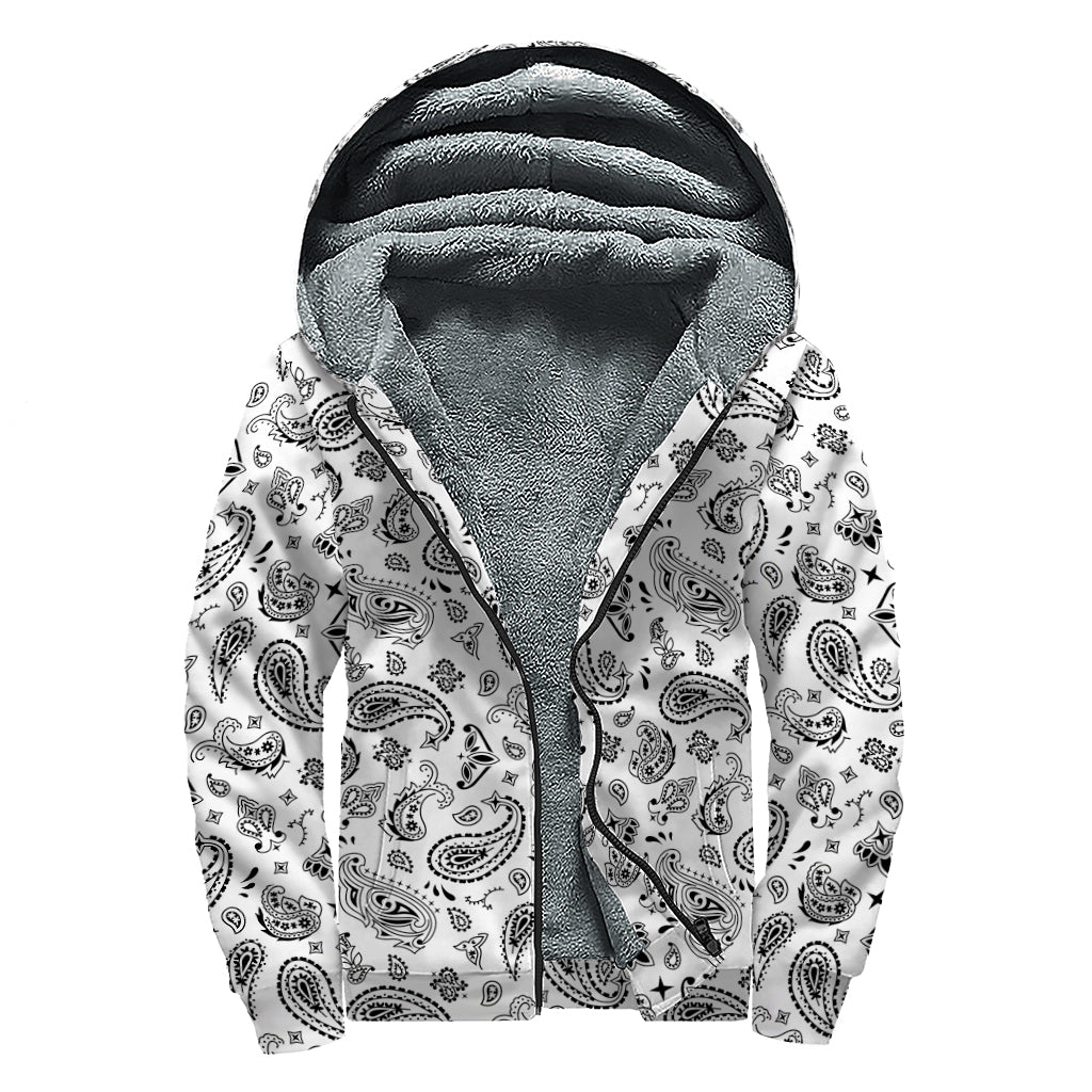 White Paisley Bandana Pattern Sherpa Lined Zip Up Hoodie for the Hippie Soul - 1