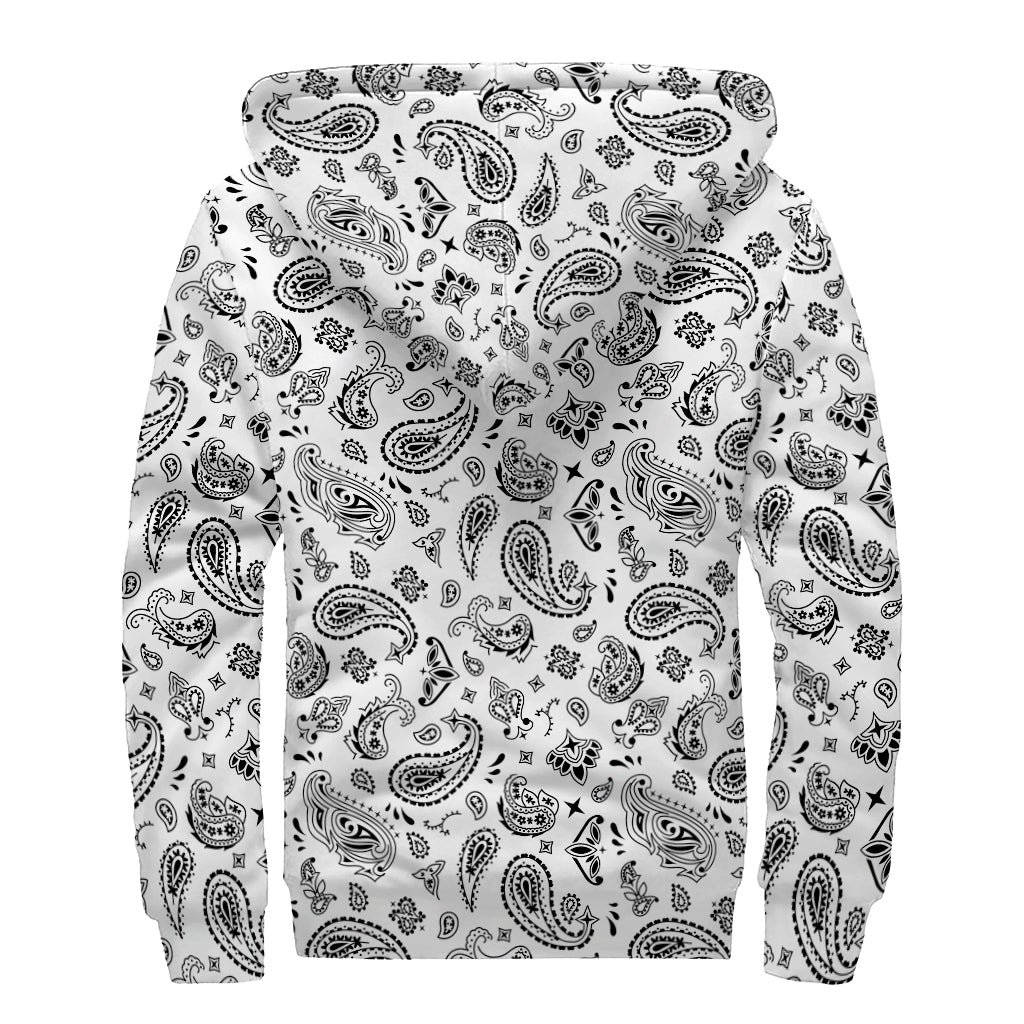 White Paisley Bandana Pattern Sherpa Lined Zip Up Hoodie for the Hippie Soul - 2