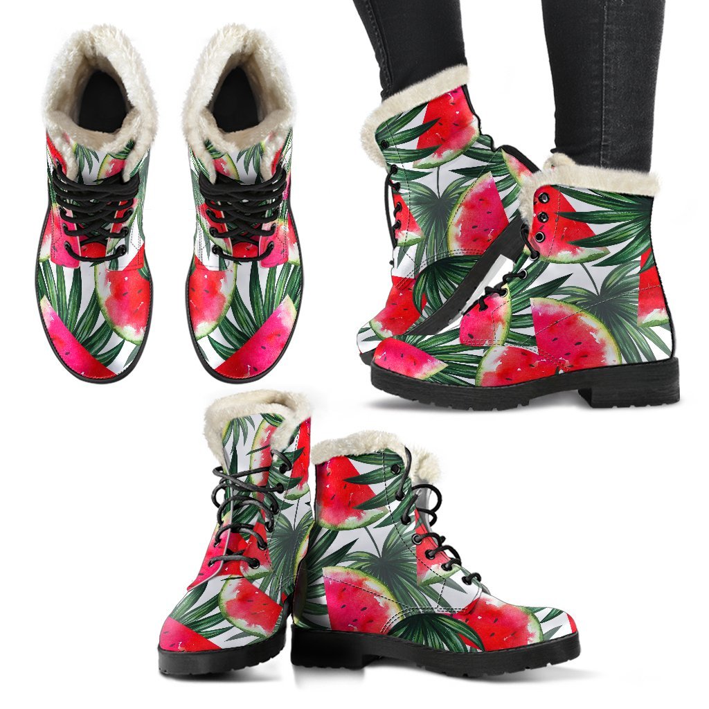 White Palm Leaf Watermelon Pattern Print Faux Fur Leather Boots for Hippie Souls - 2