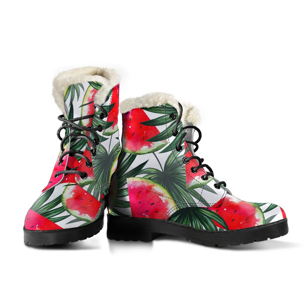 White Palm Leaf Watermelon Pattern Print Faux Fur Leather Boots for Hippie Souls - 3