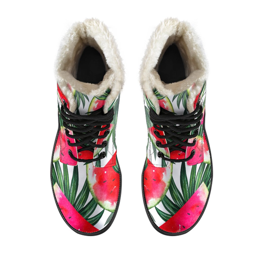 White Palm Leaf Watermelon Pattern Print Faux Fur Leather Boots for Hippie Souls - 4