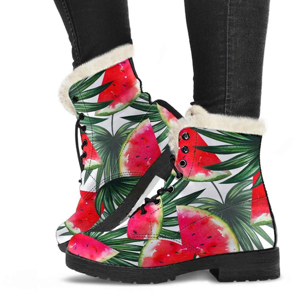 White Palm Leaf Watermelon Pattern Print Faux Fur Leather Boots for Hippie Souls - 1