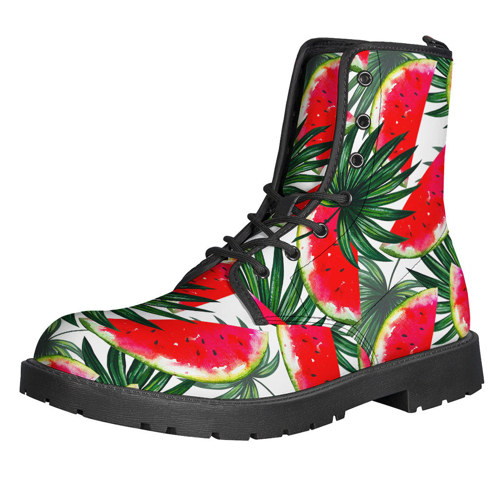 White Palm Leaf Watermelon Pattern Leather Boots for the Stylish Hippie - 1