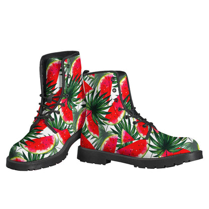 White Palm Leaf Watermelon Pattern Leather Boots for the Stylish Hippie - 3