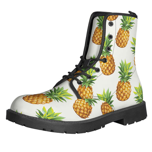 White Pineapple Pattern Print Leather Boots for the Free Spirited Hippie - 1