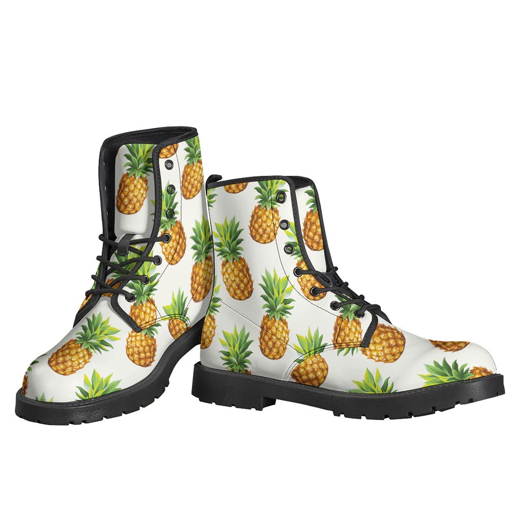 White Pineapple Pattern Print Leather Boots for the Free Spirited Hippie - 3