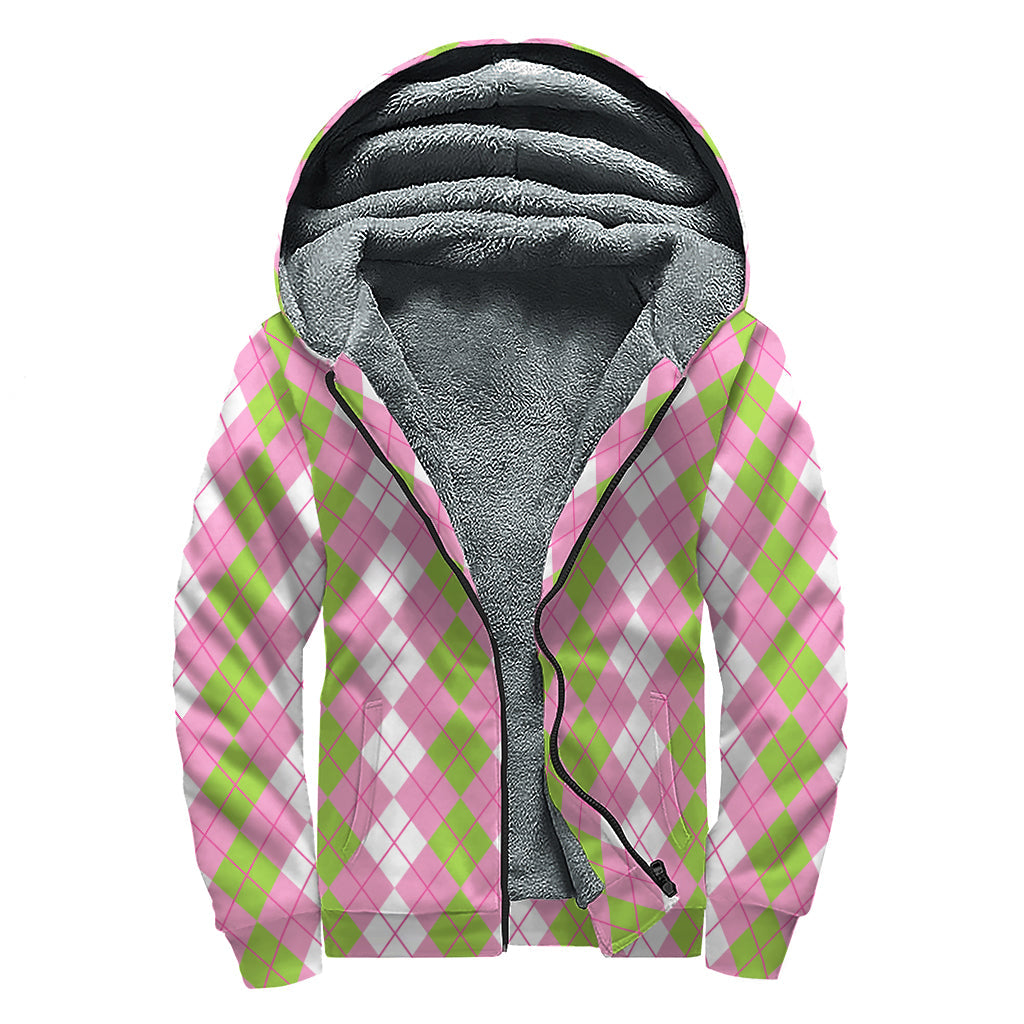 Groovin' in Style: White, Pink, and Green Argyle Print Sherpa Lined Zip Up Hoodie for Hippies - 1