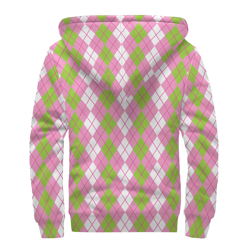 Groovin' in Style: White, Pink, and Green Argyle Print Sherpa Lined Zip Up Hoodie for Hippies - 2