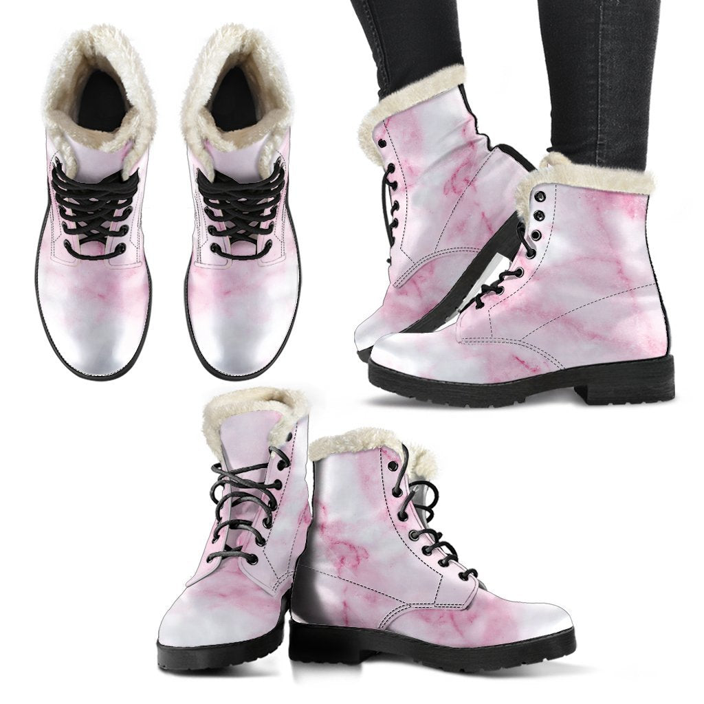 White Pink Marble Print Faux Fur Leather Boots: Embracing Your Hippie Style - 2