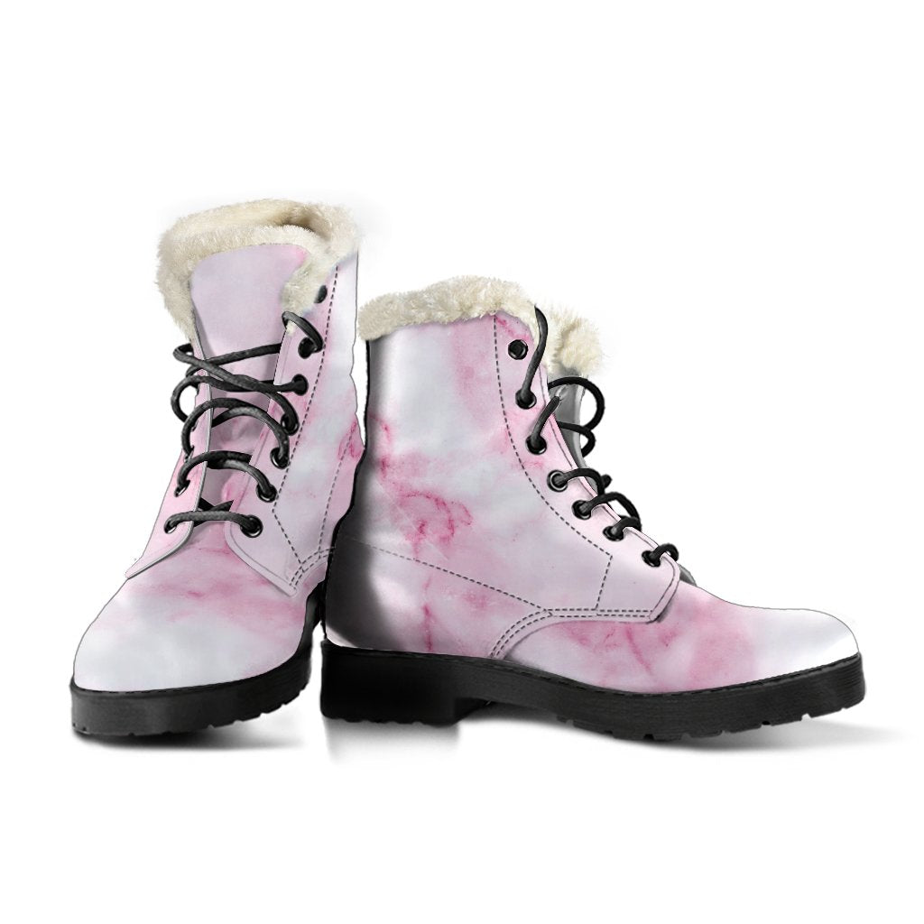 White Pink Marble Print Faux Fur Leather Boots: Embracing Your Hippie Style - 3