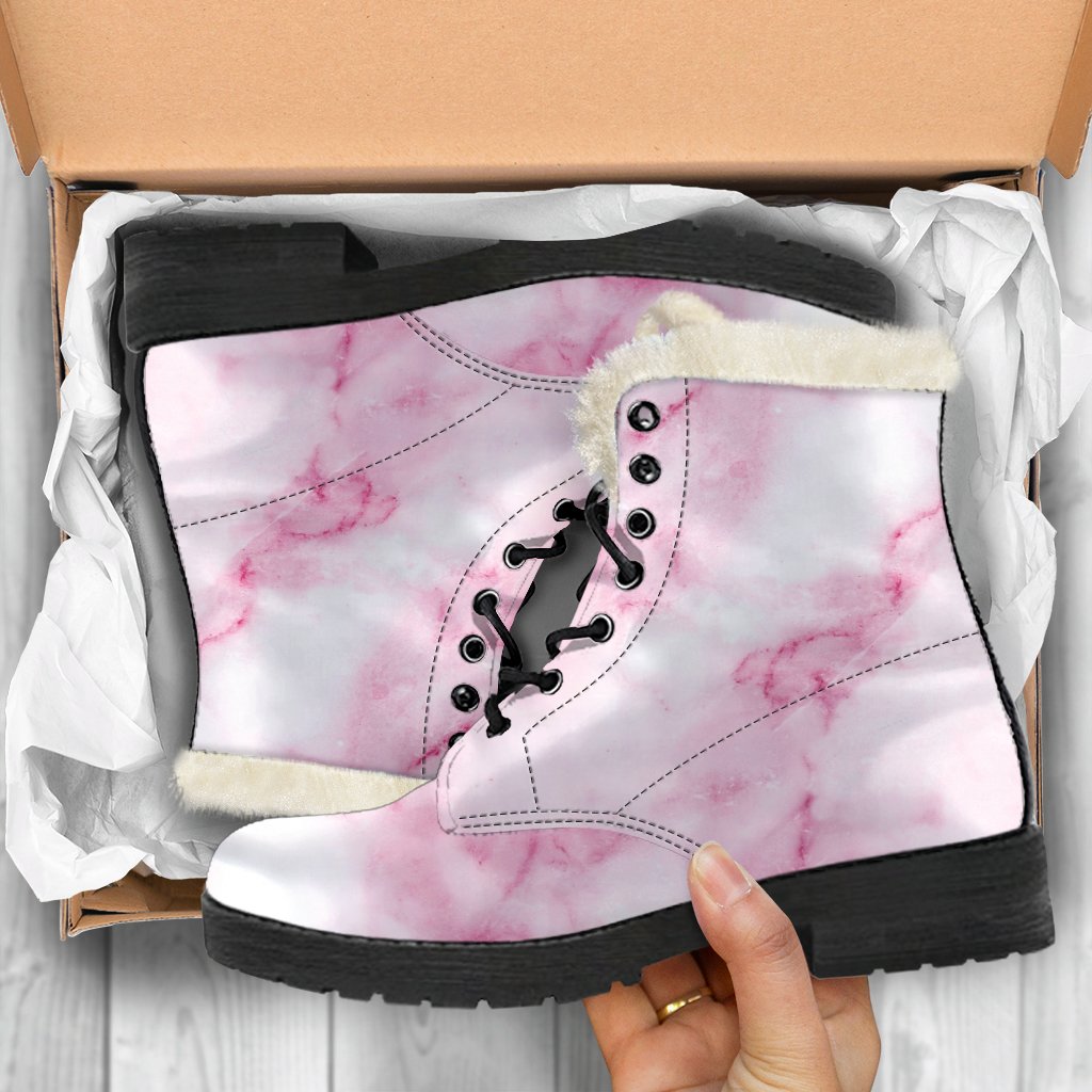 White Pink Marble Print Faux Fur Leather Boots: Embracing Your Hippie Style - 5