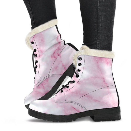 White Pink Marble Print Faux Fur Leather Boots: Embracing Your Hippie Style - 1